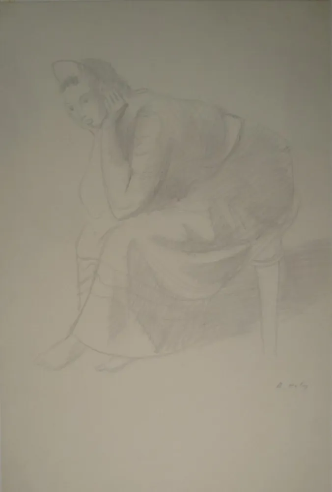 Monotipo Holy - Sitzende junge Frau, den Kopf auf die Unterarme mit den Händen gestützt.