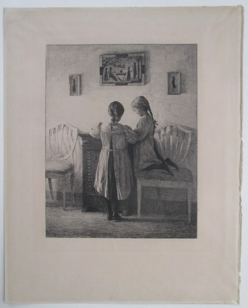 Grabado Ilsted - Interior with two little Girls