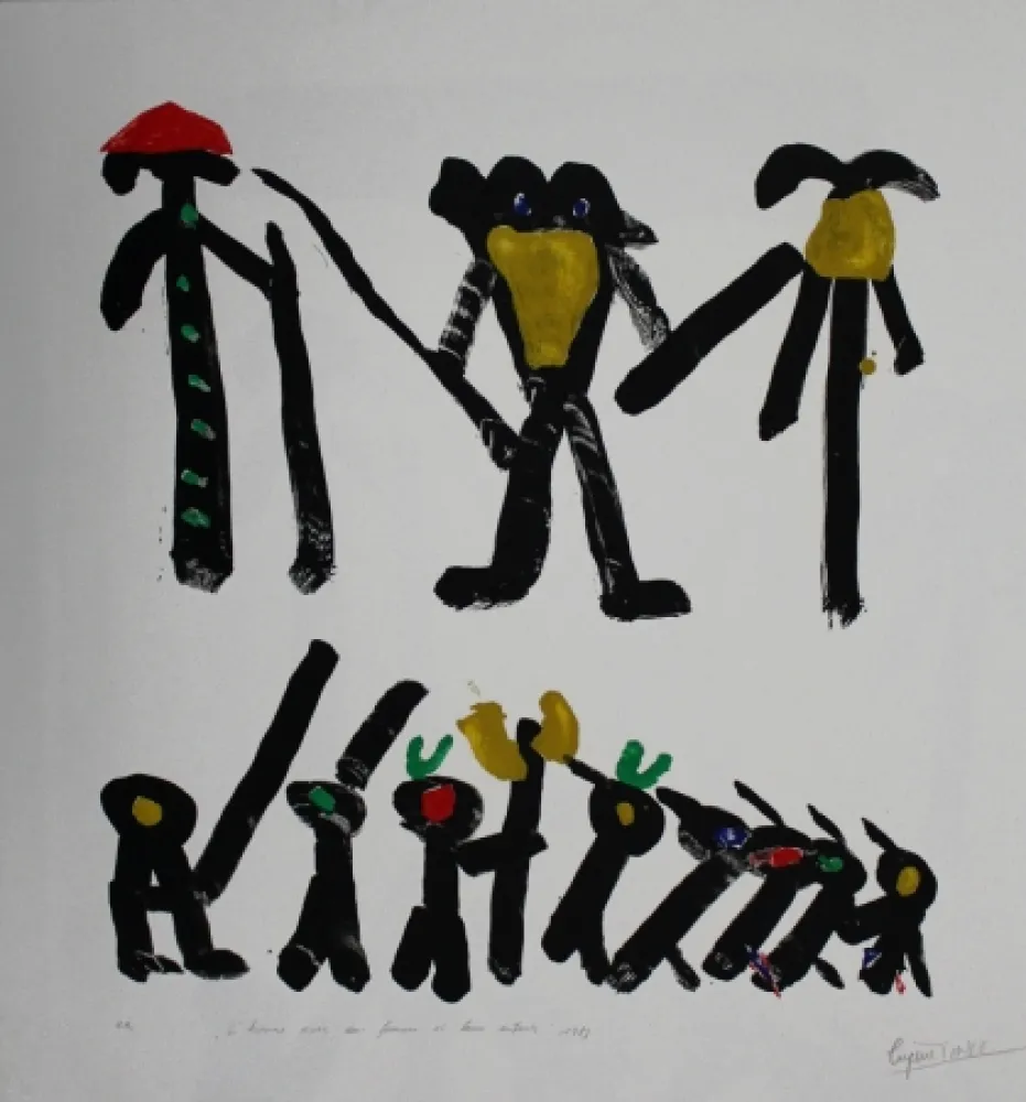 Litografía Ionesco - L'homme avec deux femmes et leurs enfants