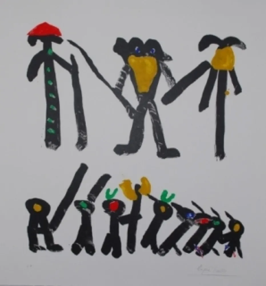 Litografía Ionesco - L'homme avec deux femmes et leurs enfants