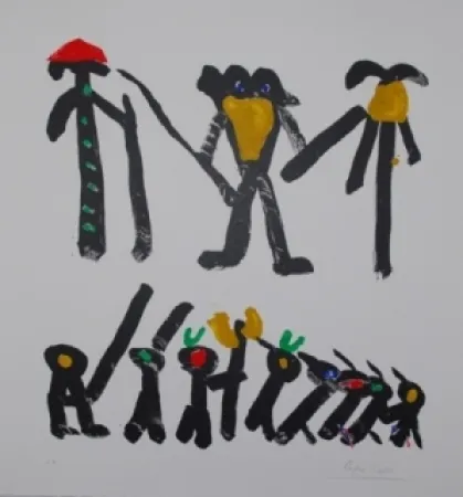 Litografía Ionesco - L'homme avec deux femmes et leurs enfants