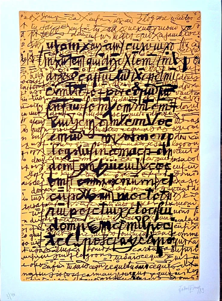 Litografía Isou -  Lettrist composition, Handsigned amd Dated  Lithograph,  1989