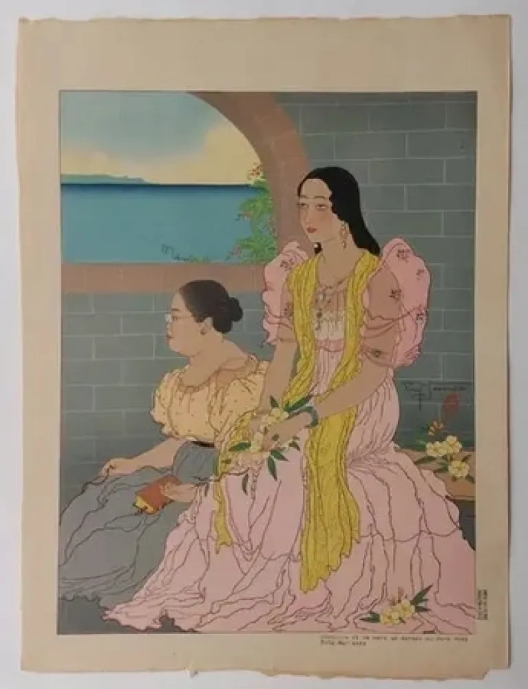 Linograbado Jacoulet - Oaquina  et sa mère  ...  (Décembre  1947)