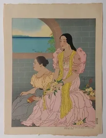 Linograbado Jacoulet - Oaquina  et sa mère  ...  (Décembre  1947)