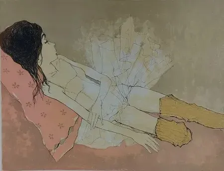 Litografía Jansem - Ophelie au coussin rose (1993)