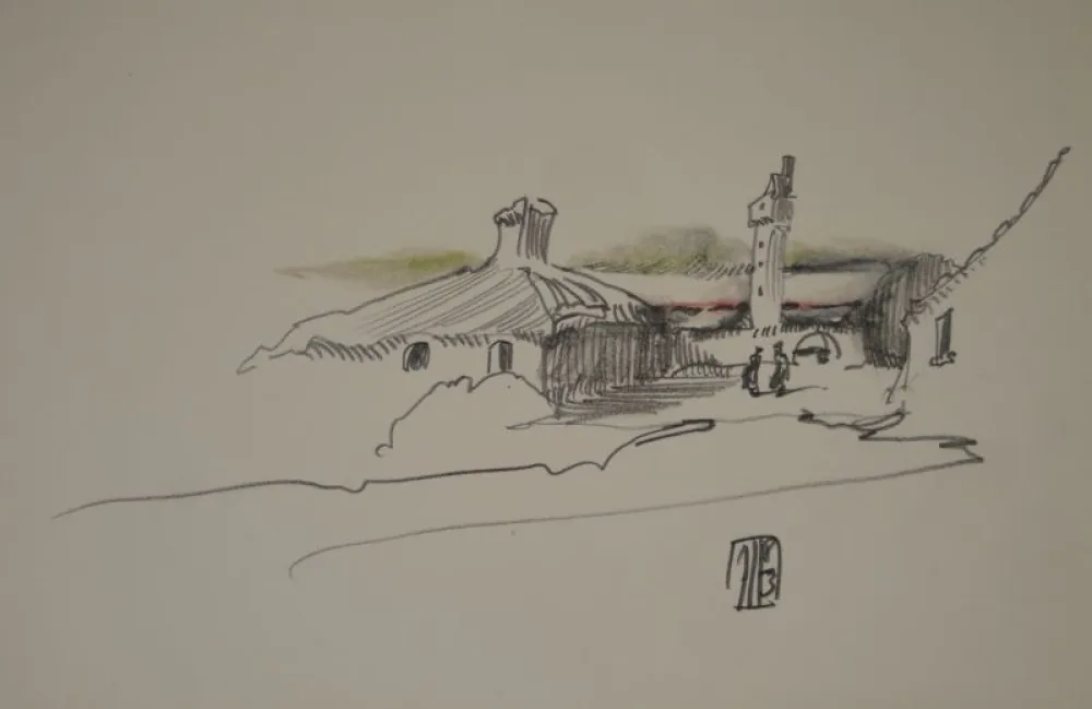 Sin Técnico Janssen - (Nordische Landschaft mit Gebäuden, Turm und zwei Personen)