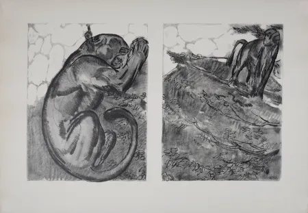 Litografía Jouve - Panthère et Singe