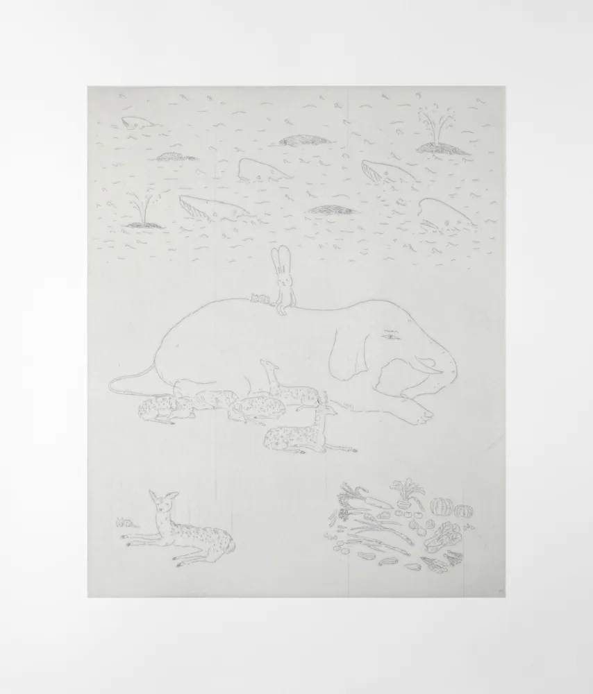 Grabado Kaga - Surrounded by animals