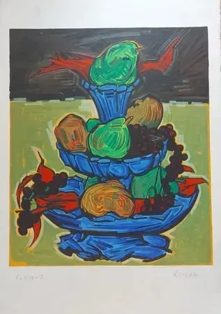 Litografía Kischka - Nature morte au compotier bleu (1972)