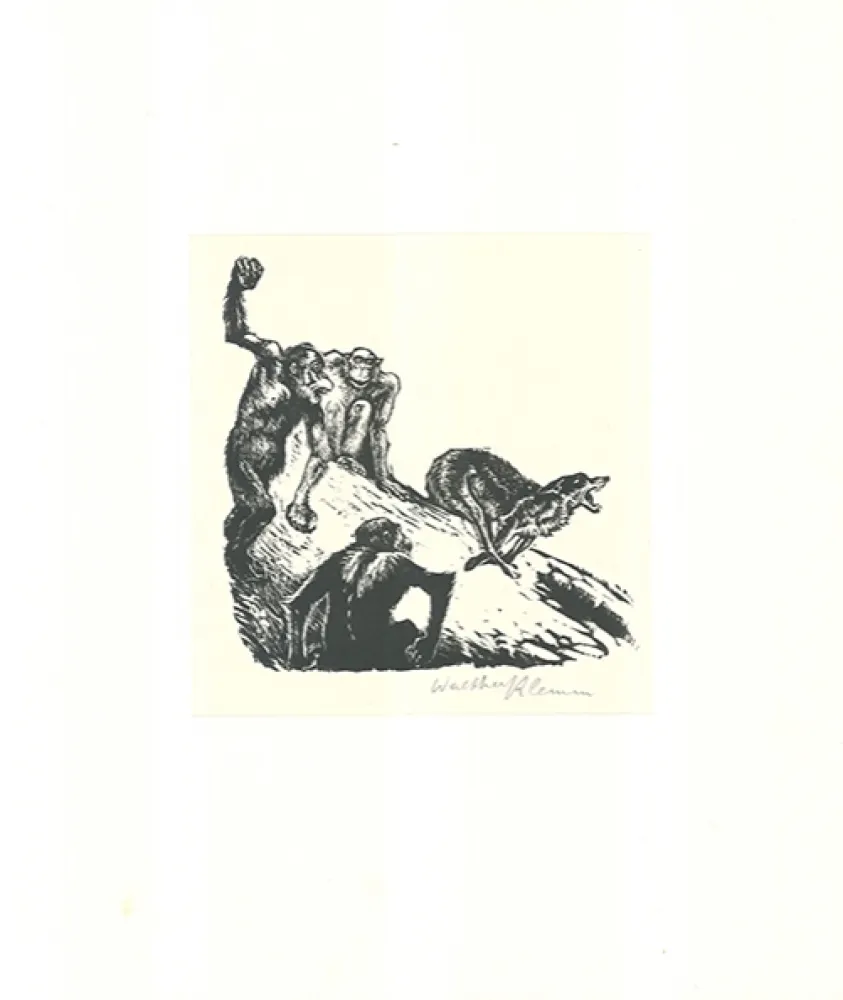 Grabado En Madera Klemm - Affen jagen den Wolf