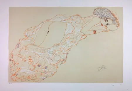 Litografía Klimt - La fille en robe longue / Reclining Nude Lying on Her Stomach and Facing Right / Auf dem Bauch liegender Halbakt nach rechts - 1910 