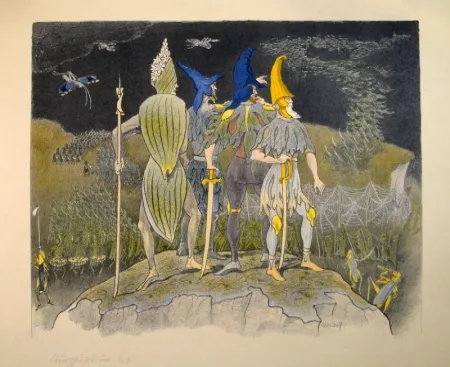 Litografía Kreidolf - “Krieg“ Germer-, Rittersporn, blauer und gelber Eisenhut-Ritter stehen als Feldherren auf einem Hügel über einem vorüberziehenden Heuschrecken-Heer.