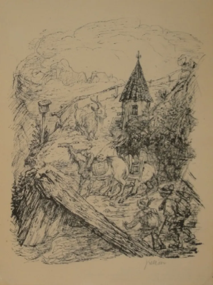 Litografía Kubin - Transport im Gebirge