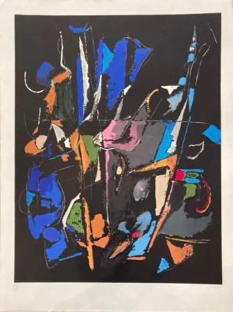 Litografía Lanskoy - Composition abstraite sur fond noir 