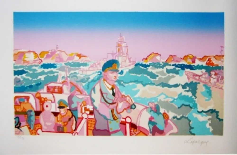 Litografía Lapicque - Manoeuvre en rade de Brest