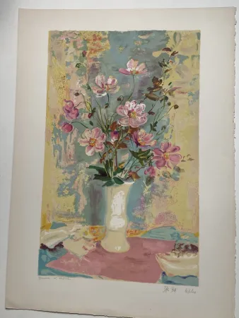 Litografía Lê Phô - Bouquet sur le napperon rose