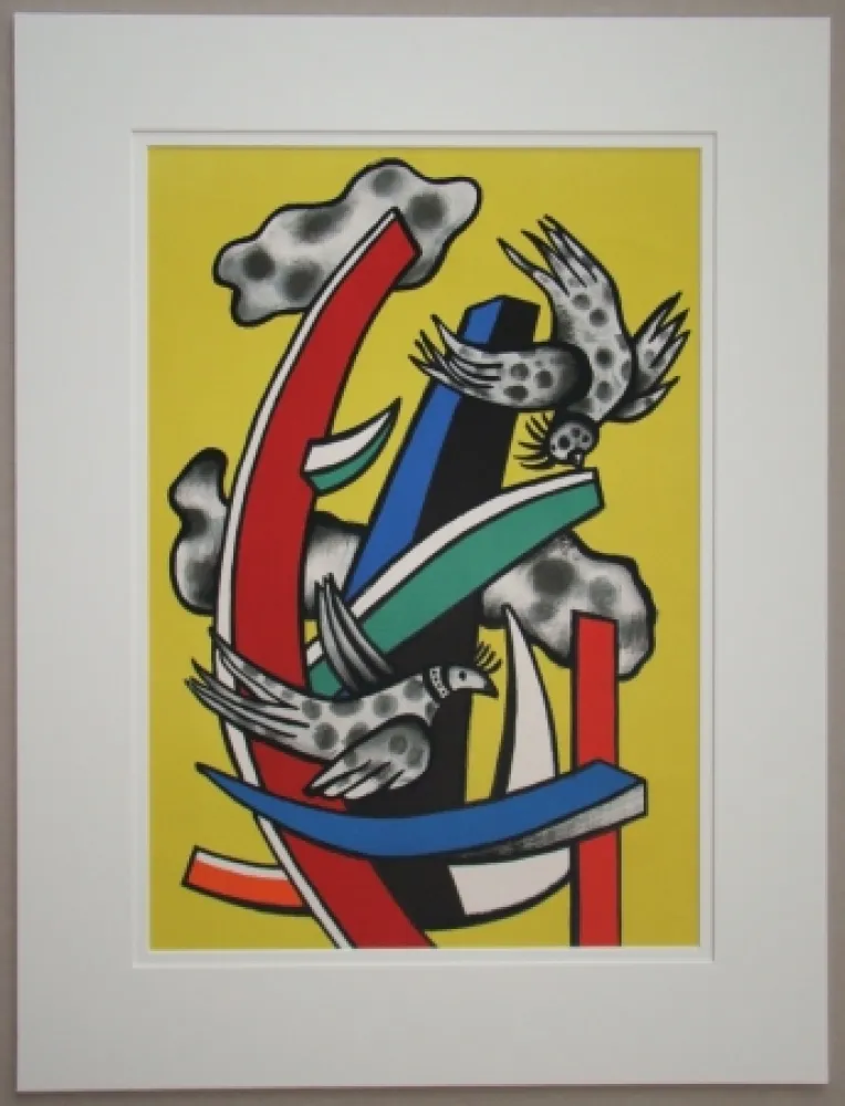 Litografía Leger - Composition aux deux oiseaux sur fond jaune, 1955