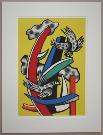 Litografía Leger - Composition aux deux oiseaux sur fond jaune, 1955