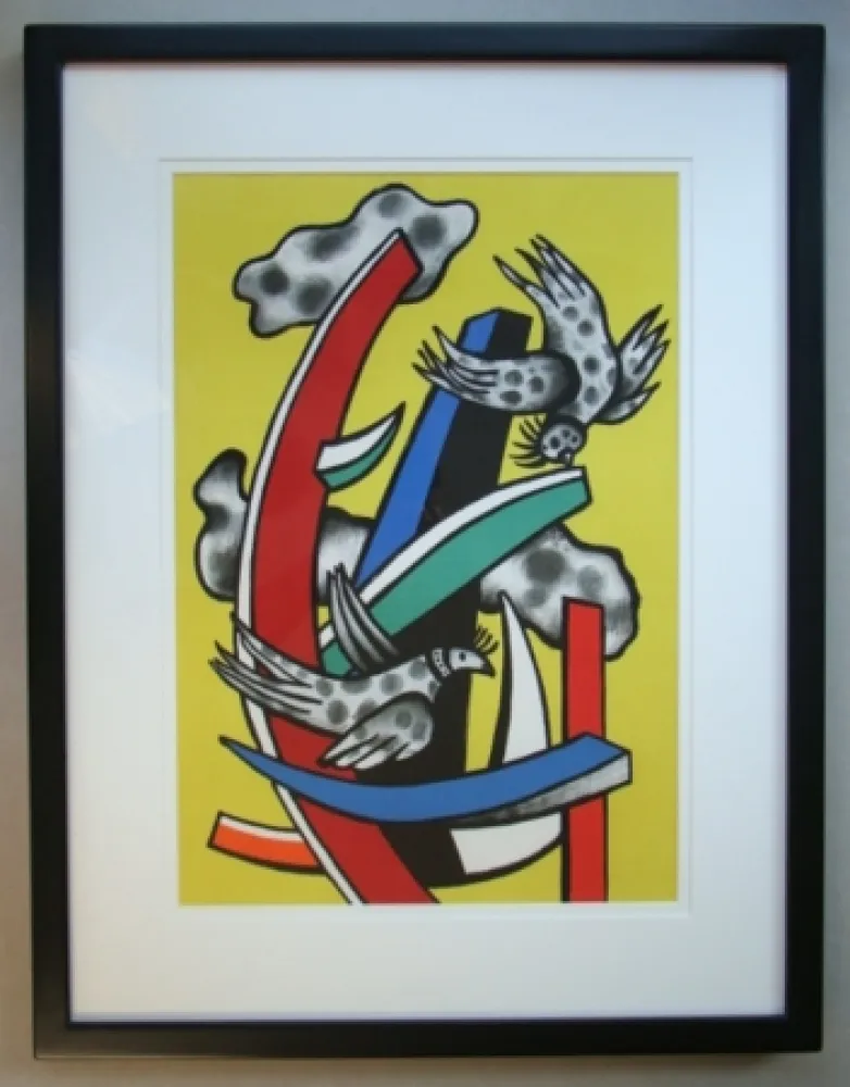 Litografía Leger - Composition aux deux oiseaux sur fond jaune, 1955