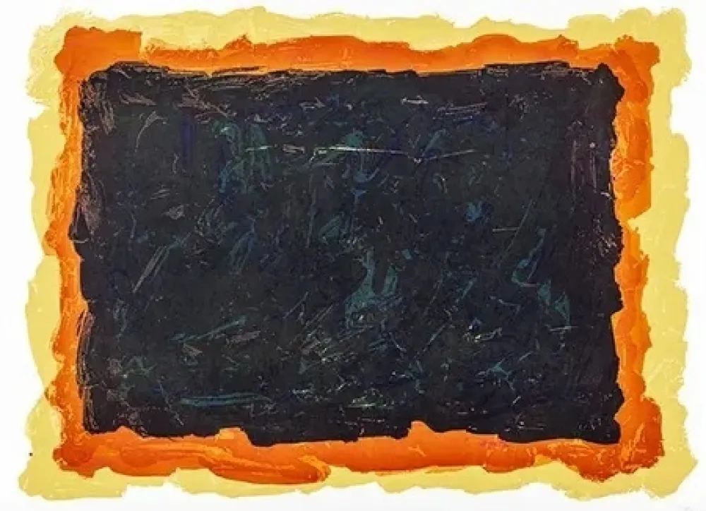 Aguatinta Lewitt - Rectangles irréguliers rouges, jaunes et bleus superposés.
