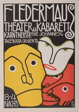 Litografía Löffler - Three Masks, Fledermaus Theater and Cabaret, 1907