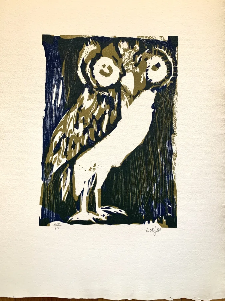 Grabado En Madera Lorjou -  Les animaux : Chouette verte 