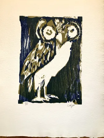 Grabado En Madera Lorjou -  Les animaux : Chouette verte 