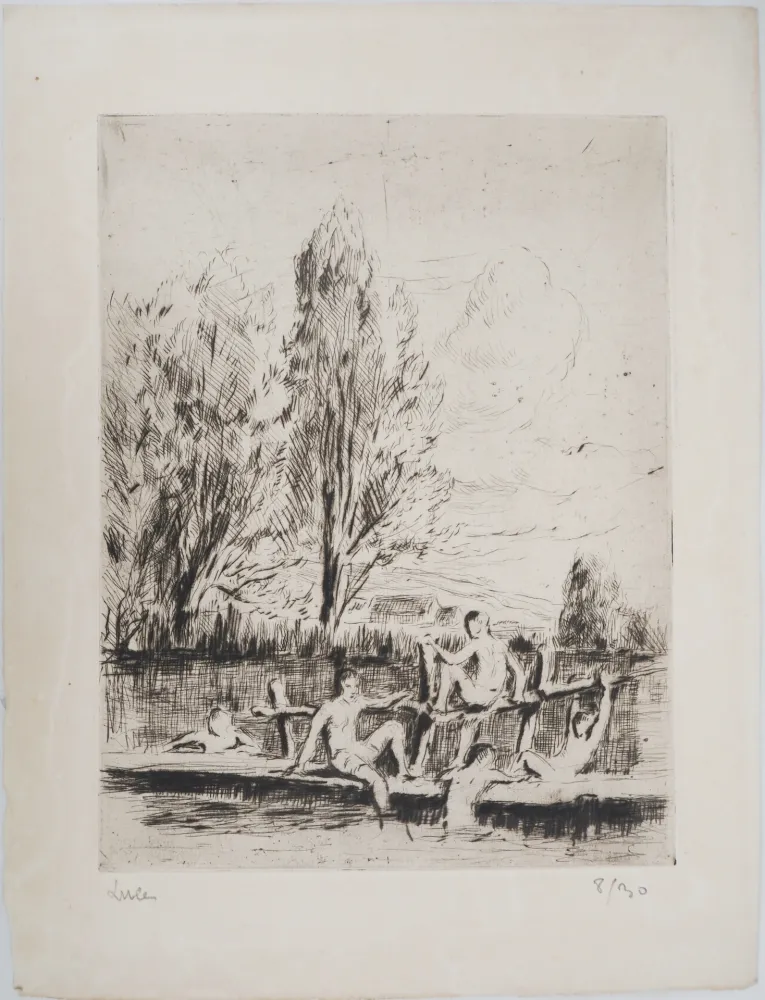 Punta Seca Luce - Maximilien LUCE - Baigneurs Vers 1890 - Gravure originale signée