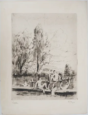 Punta Seca Luce - Maximilien LUCE - Baigneurs Vers 1890 - Gravure originale signée