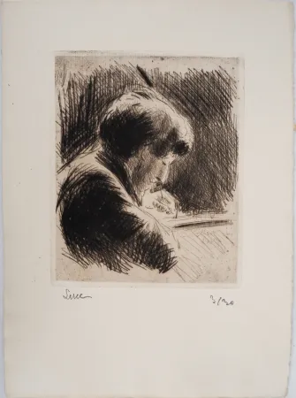 Punta Seca Luce - Maximilien LUCE-  Femme aux cheveux courts, profil droit Vers 1890 - Gravure originale signée