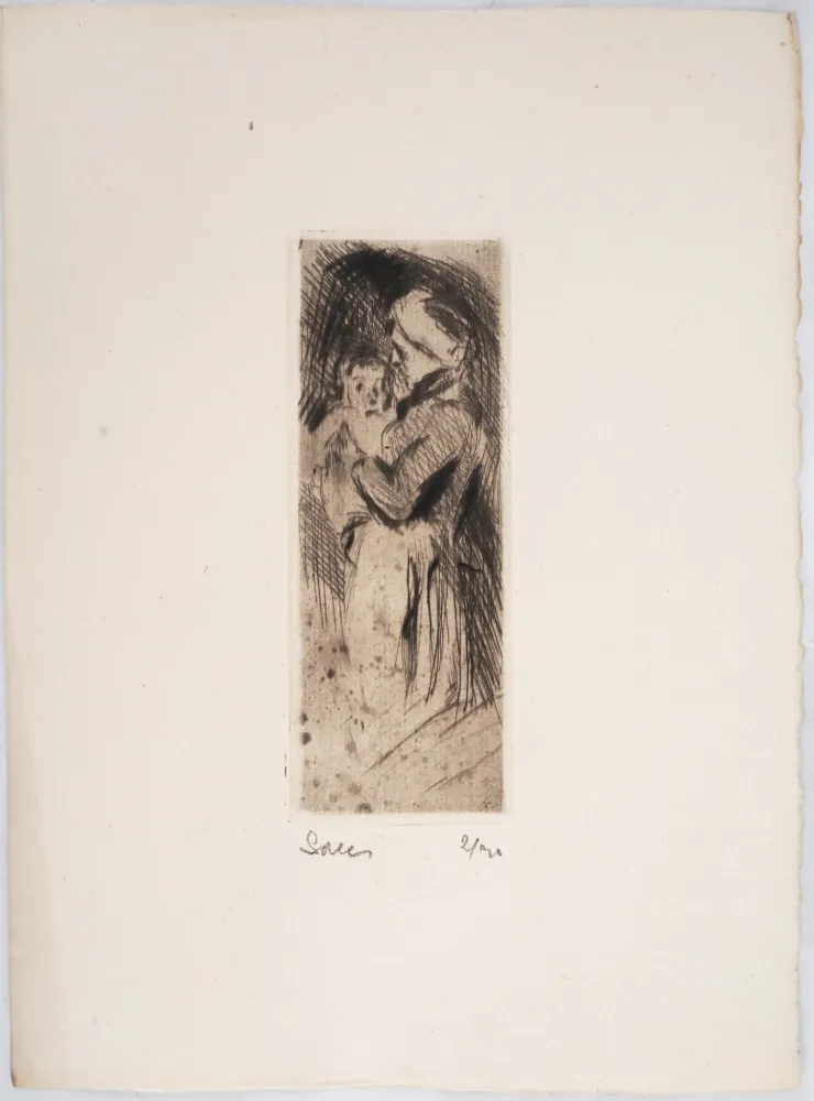 Punta Seca Luce - Maximilien LUCE -Grand-mère cajolant son petit-enfant Vers 1890 -Gravure originale signée