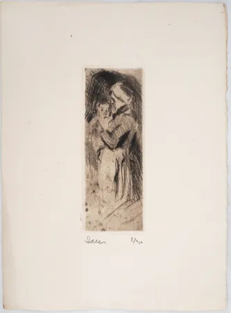 Punta Seca Luce - Maximilien LUCE -Grand-mère cajolant son petit-enfant Vers 1890 -Gravure originale signée