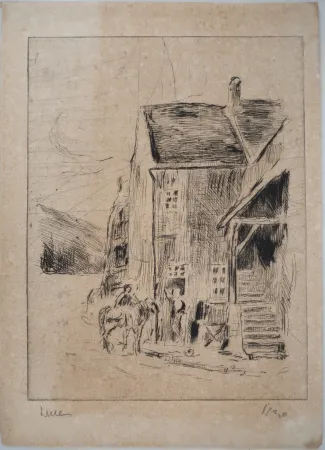 Punta Seca Luce - Maximilien LUCE - Maison de campagne Vers 1900 - Gravure originale- signée