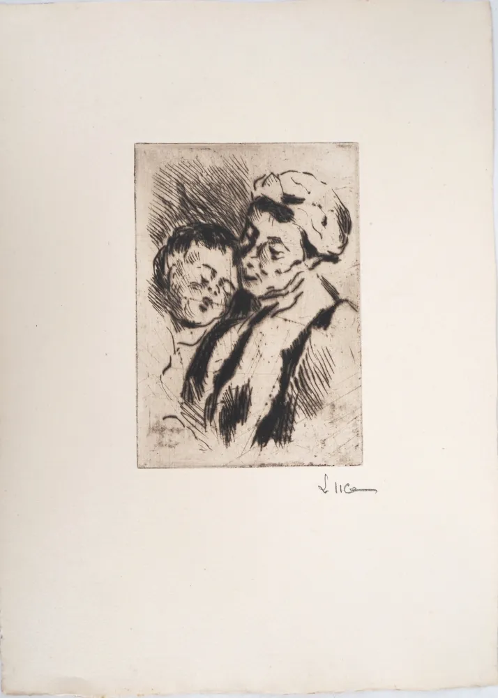 Punta Seca Luce - Maximilien LUCE - Tendresse entre la grand-mère et l'enfant - Gravure originale signée