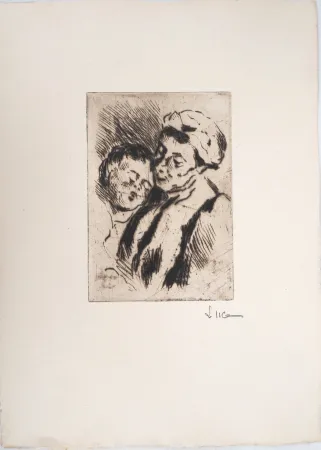 Punta Seca Luce - Maximilien LUCE - Tendresse entre la grand-mère et l'enfant - Gravure originale signée