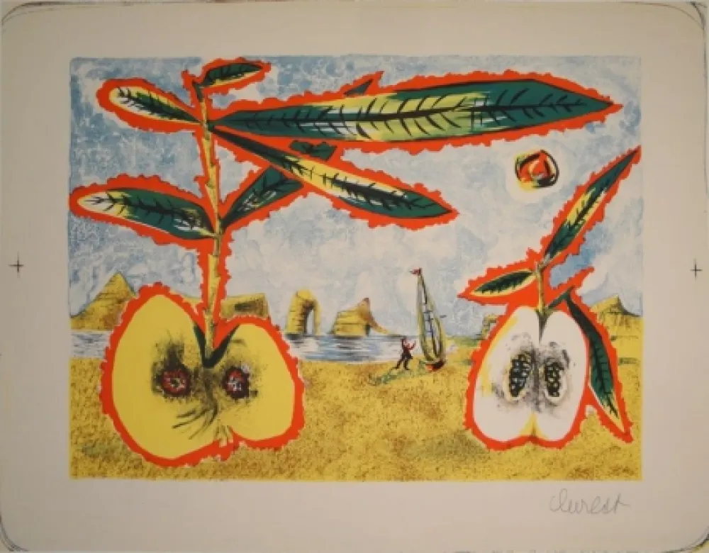 Litografía Lurcat - Surreale Landschaft mit zwei halben Äpfeln, Zweig und Blättern