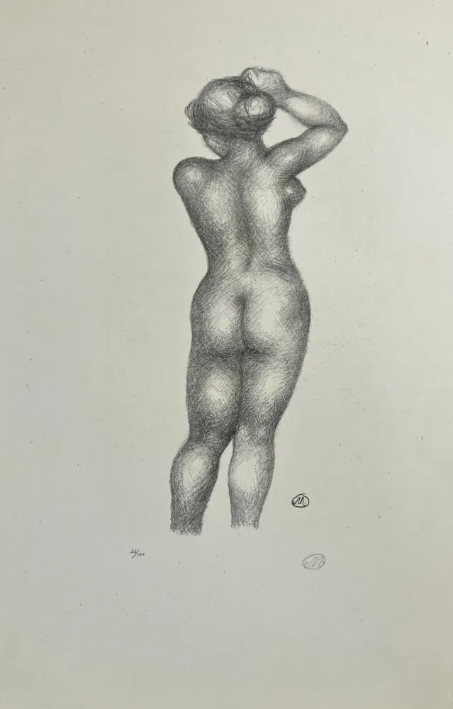 Litografía Maillol - Nu de dos, bras levé. 1925.