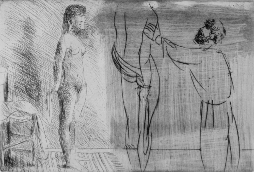 Aguafuerte Manzu - Scultore nello studio