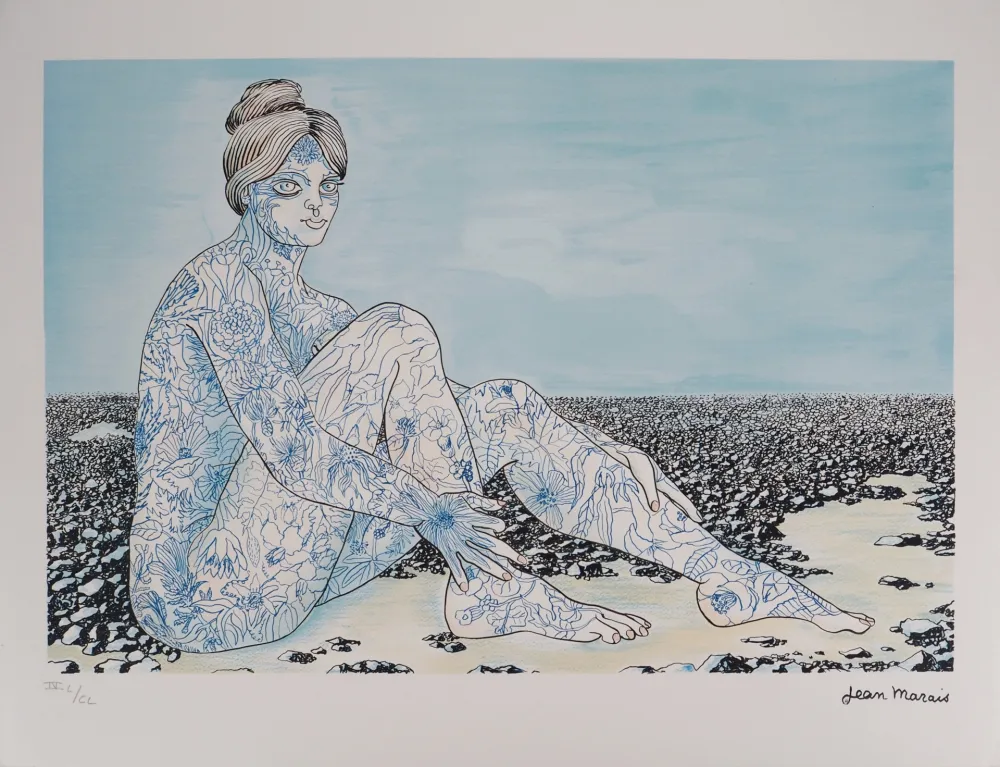 Litografía Marais  - Fusion avec la nature, Femme aux tatouages de fleurs