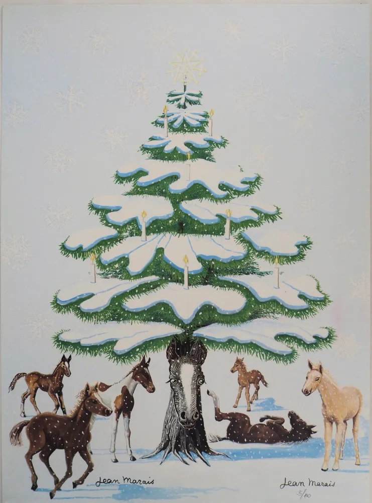 Litografía Marais  - Sapin de Noel enneigé et Chevaux