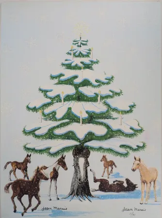 Litografía Marais  - Sapin de Noel enneigé et Chevaux