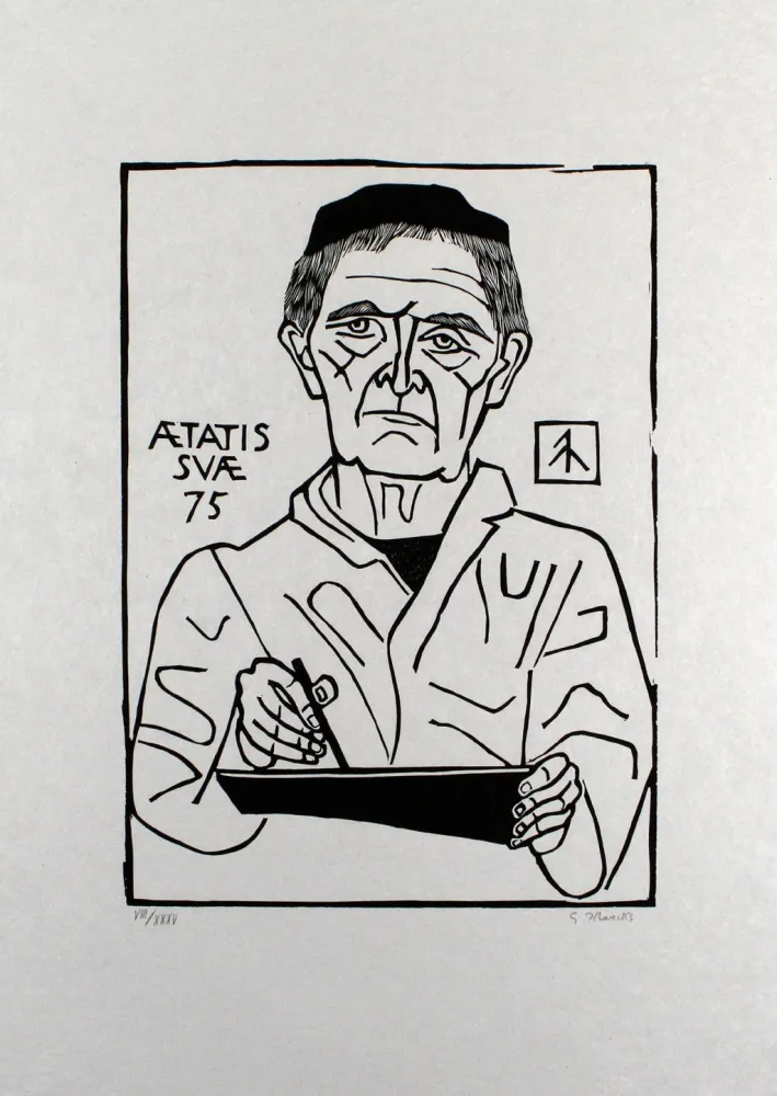 Linograbado Marcks - Selbstbildnis von vorn (Halbfigur)