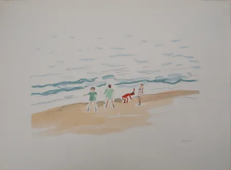 Litografía Marquet - Les enfants sur la plage 