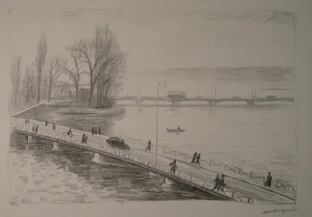 Aguafuerte Marquet - Vue de deux Ponts (L'île Rousseau, Genève).