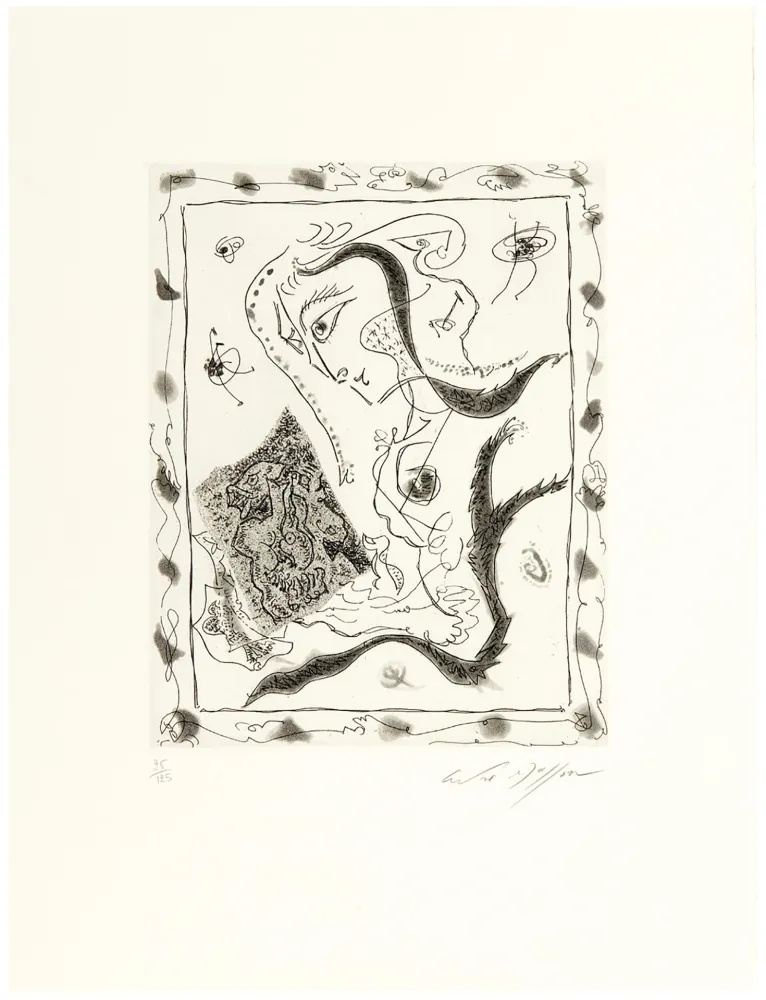 Aguafuerte Y Aguatinta Masson - Jeune fille regardant un dessin surréaliste (1967)