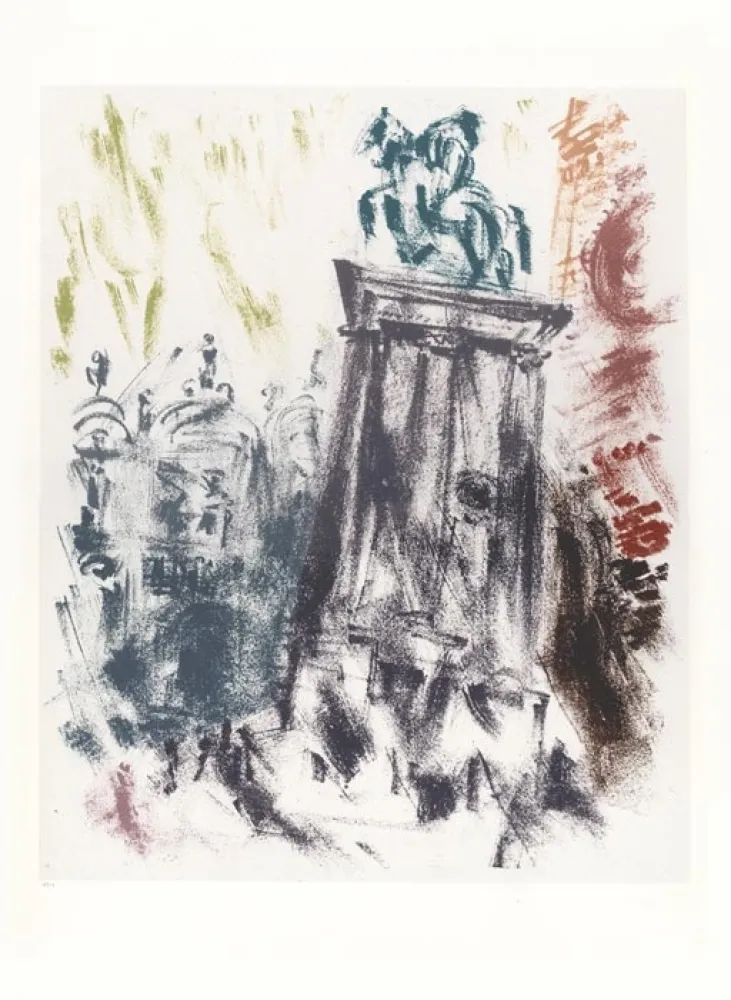 Litografía Masson - Statue du Colleone le soir (Voyage à Venise)