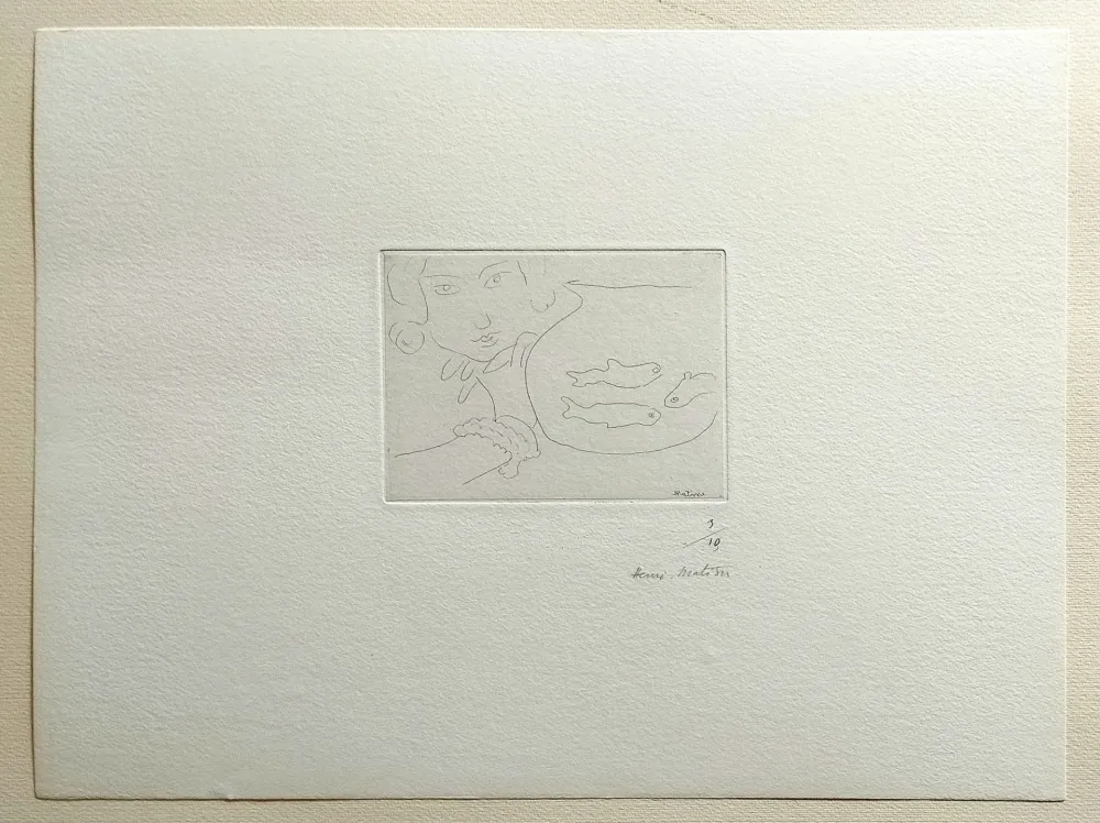 Aguafuerte Matisse - Visage de jeune femme et bocal aux trois poissons