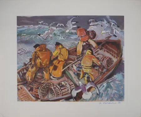 Heliograbado Méheut - Bretagne : La relève des casiers dans la tempête