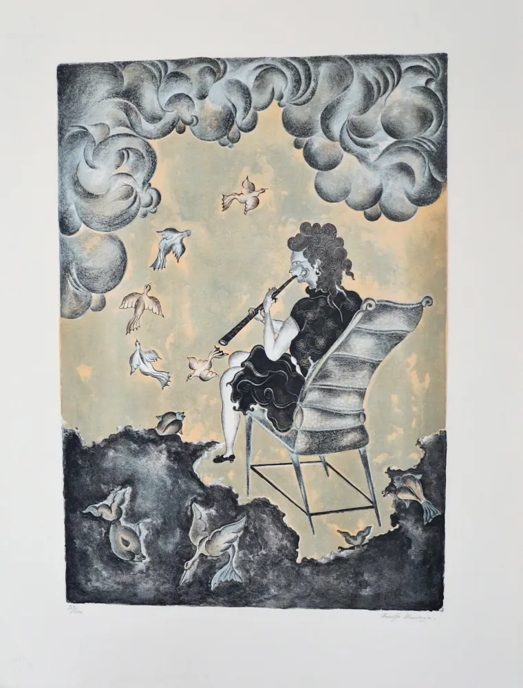 Litografía Mendoza - La mujer de la magia musical (en azul)