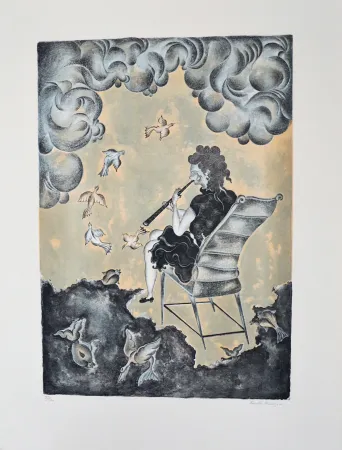 Litografía Mendoza - La mujer de la magia musical (en azul)